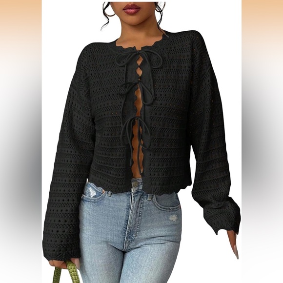 Tie Front Cardigan Scallop Crewneck Long Sleeve Knit Sweater - Picture 4 of 7